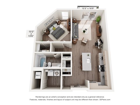 Floor plan for 1 bed, 1 bath, 805 sqft